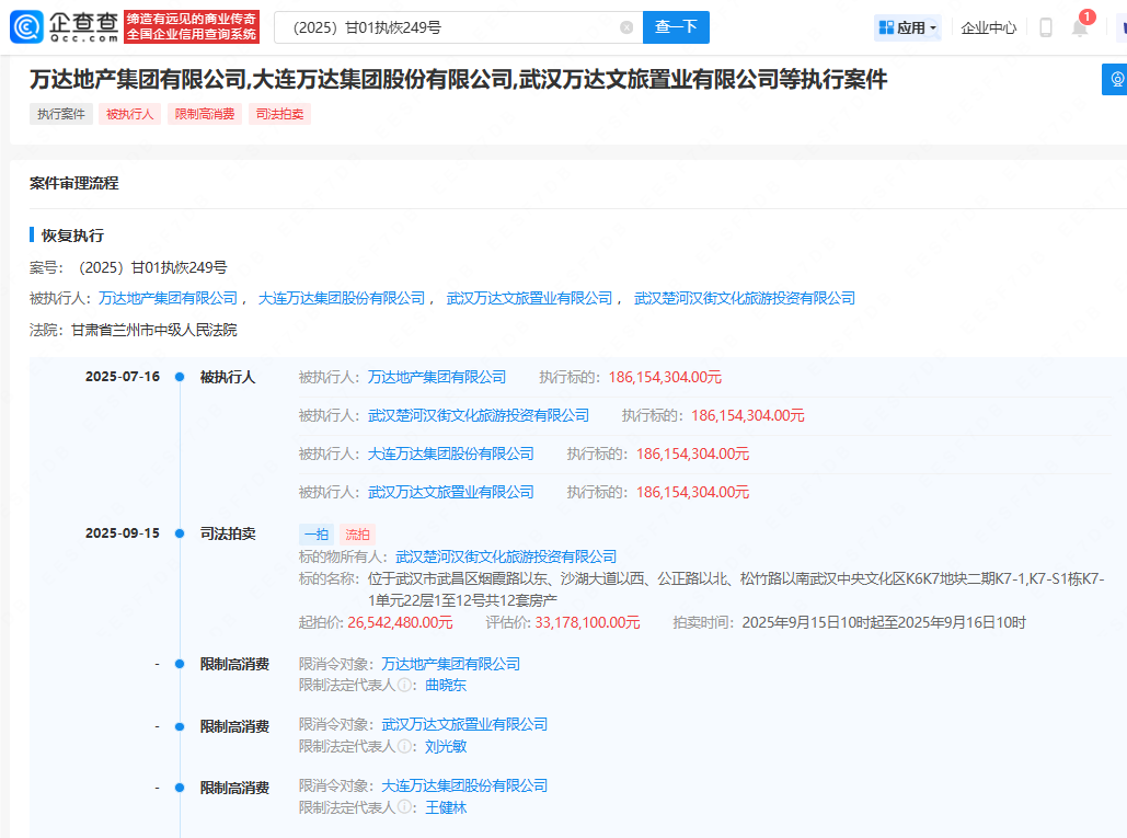 王健林及万达集团，被限制高消费